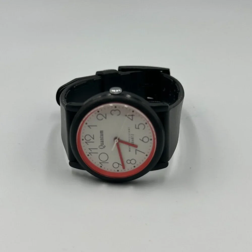 Quantum Watch Women Black Red Round White Dial Resin Buckle Band New Battery
